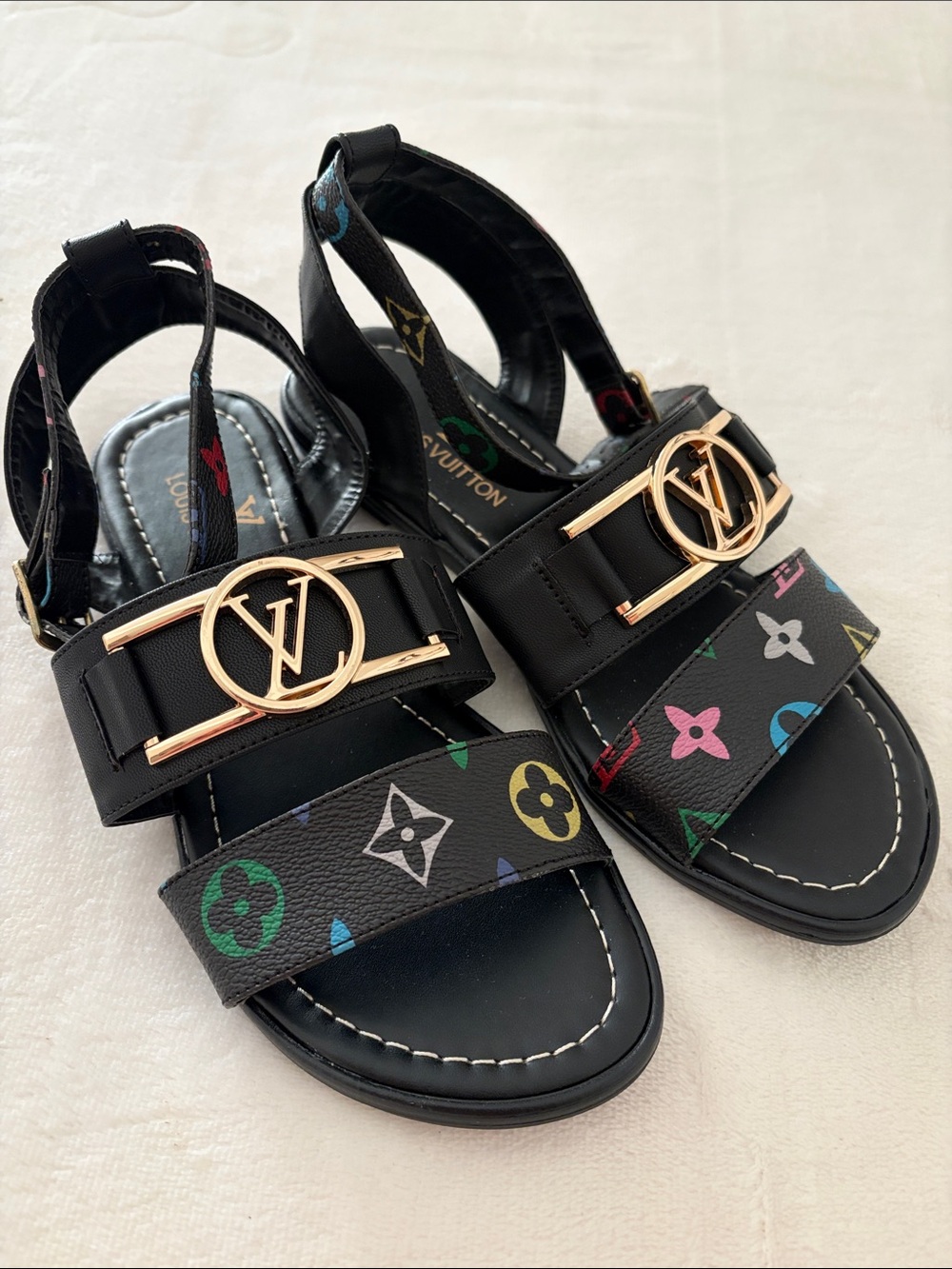 SL Fashions ladies, Black Sandals with Multicolor Monogram and Gold Logo NEW S 7